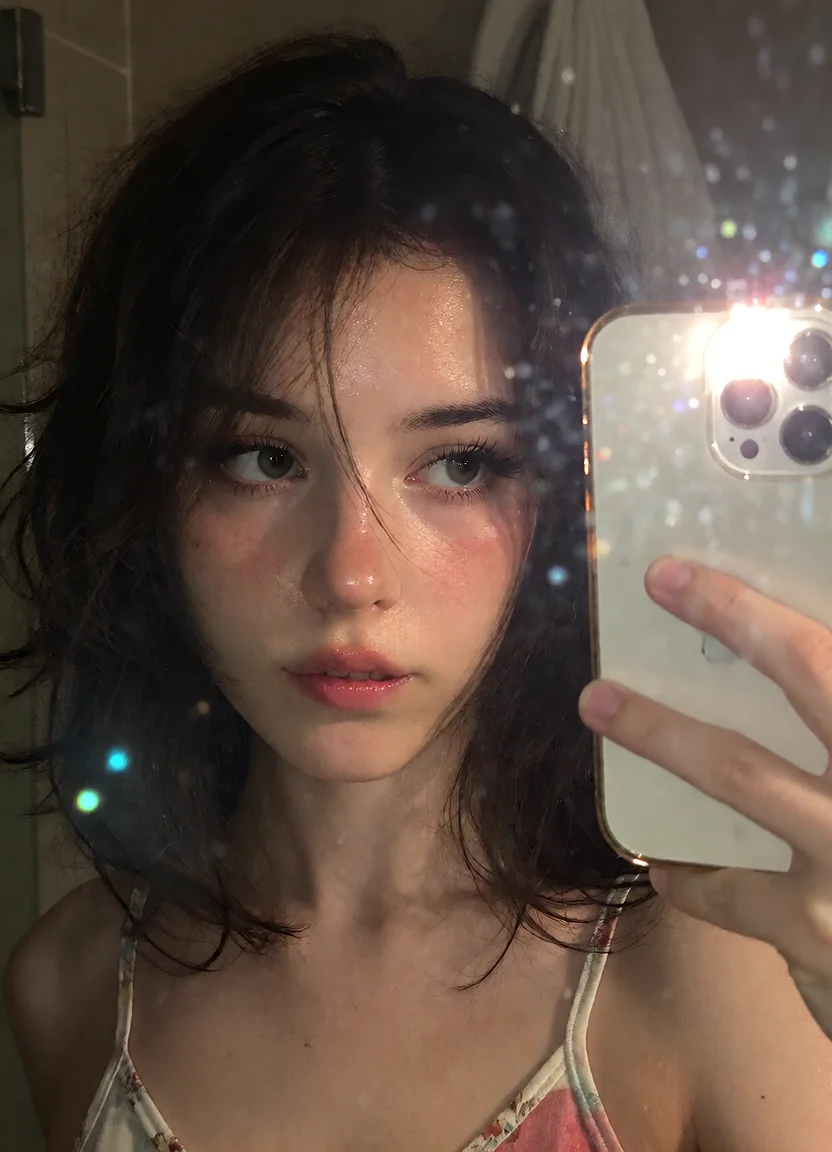 Civitai #144293122 Bathroom Mirror Selfie: Vanity Flash & Glass Optics - Krea 2 DiT ComfyUI workflow artwork