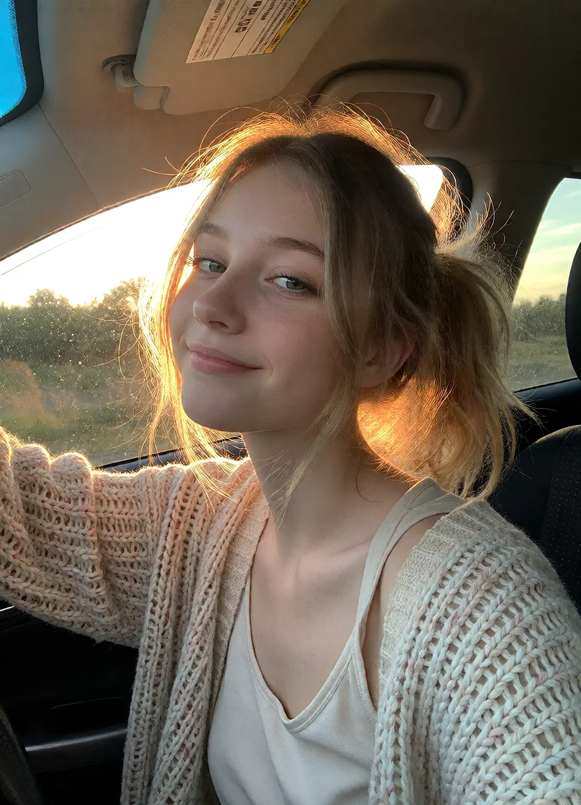 Civitai #144303023 Car Window Smile: Passenger Window Wind-Tousled Golden Hour - Krea 2 DiT ComfyUI workflow artwork