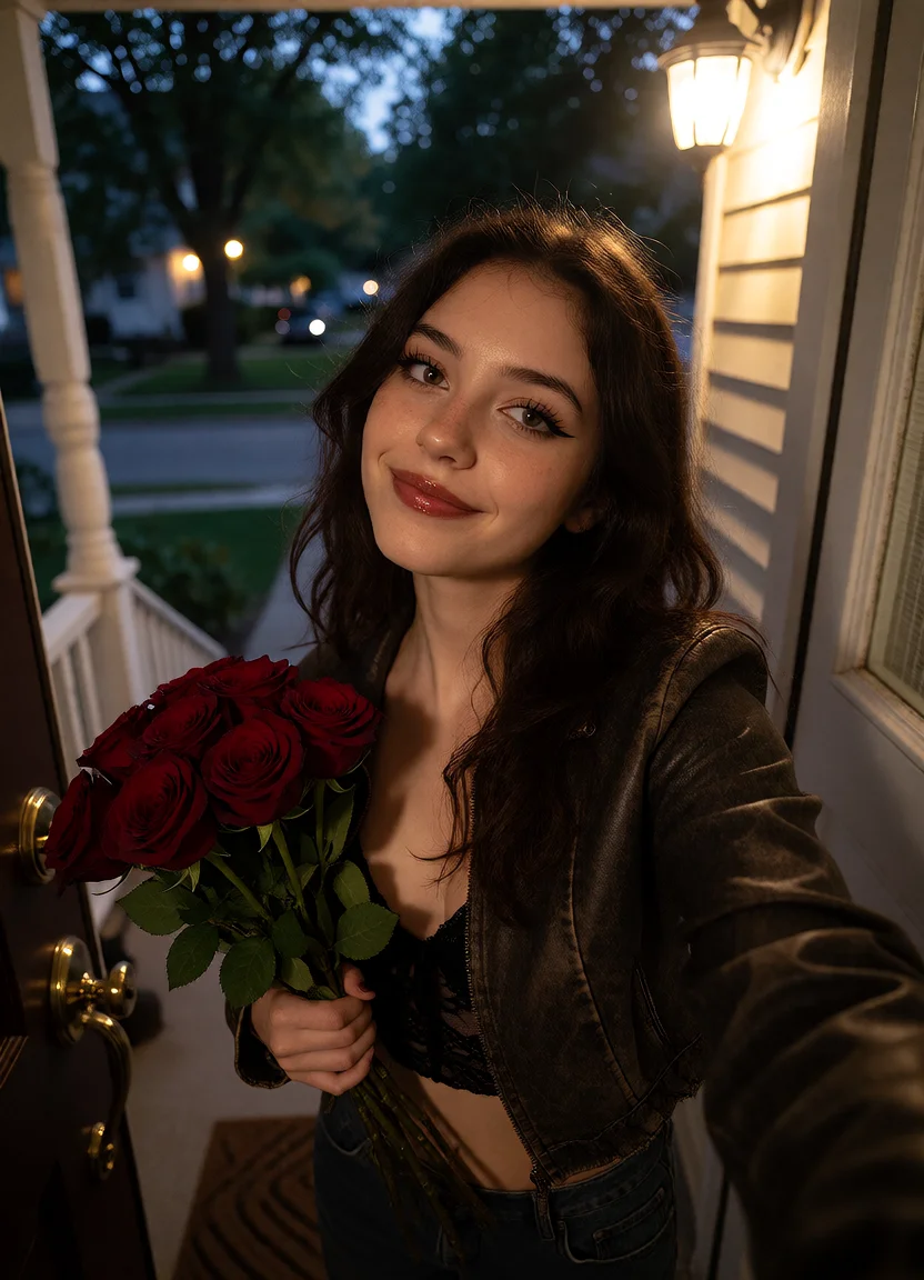 Civitai #144323059 Doorstep Roses: Golden Hour Leather & Natural 35mm Realism - Krea 2 DiT ComfyUI workflow artwork