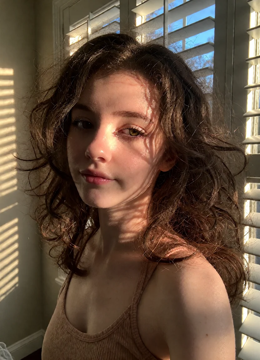 Civitai #144275742 Golden Hour Shutters: Voluminous Curls & Geometric Shadows - Krea 2 DiT ComfyUI workflow artwork