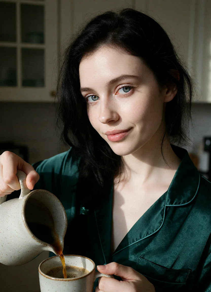 Civitai #144297408 Kitchen Silk Pajamas: Morning Coffee & High-Key Realism - Krea 2 DiT ComfyUI workflow artwork